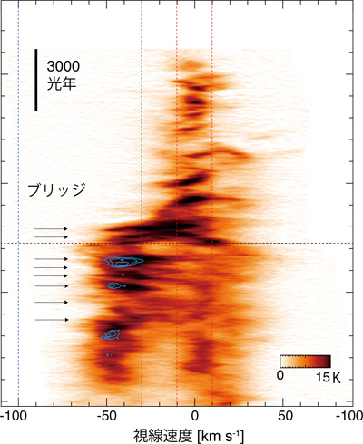 巨大星団R136方向の水素原子ガスの位置速度図。